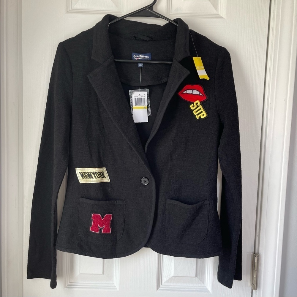 Freshman Stretch Patch Blazer Jacket Black 1 Button juniors  M  NWT